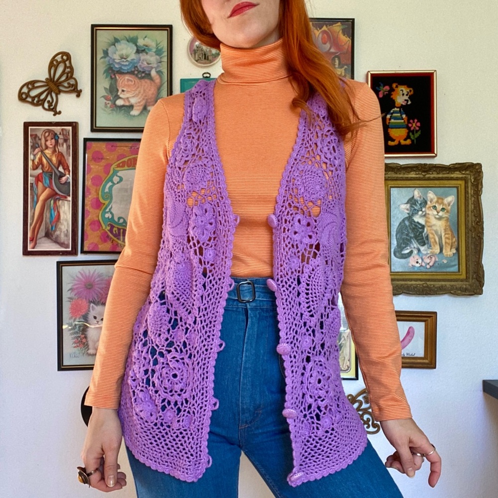 Vintage 90s hand dyed lilac crochet vest